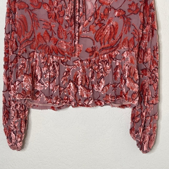 Alexis Long Sleeve Silk Sheer Velvet Top Front Tie Deep V Neckline Size M Salmon - Picture 4 of 12